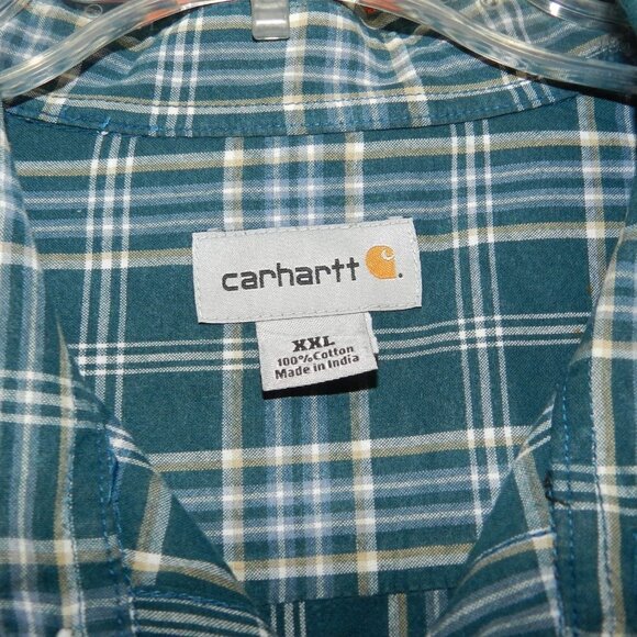 Carhartt Mens Greenish Blueish Plaid Button Down Short Sleeve Shirt Size XXL - Picture 7 of 8